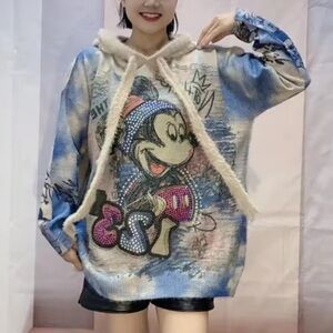 Cartoon Mickey Mouse sweatshirt hoodie top fuzzy comic graphic NWT blue cream